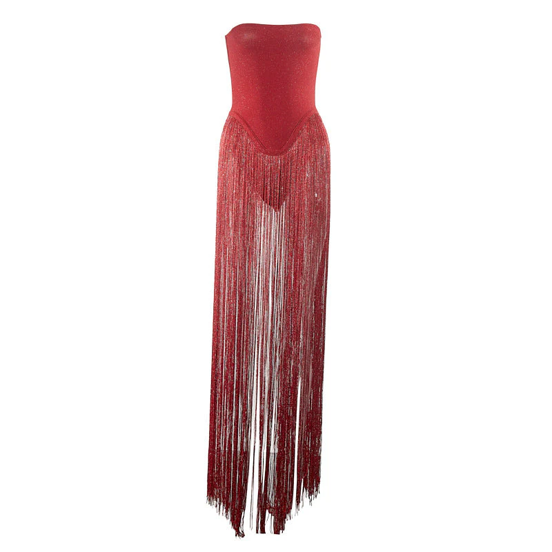 Strapless Fringe Red Dress - Image 7