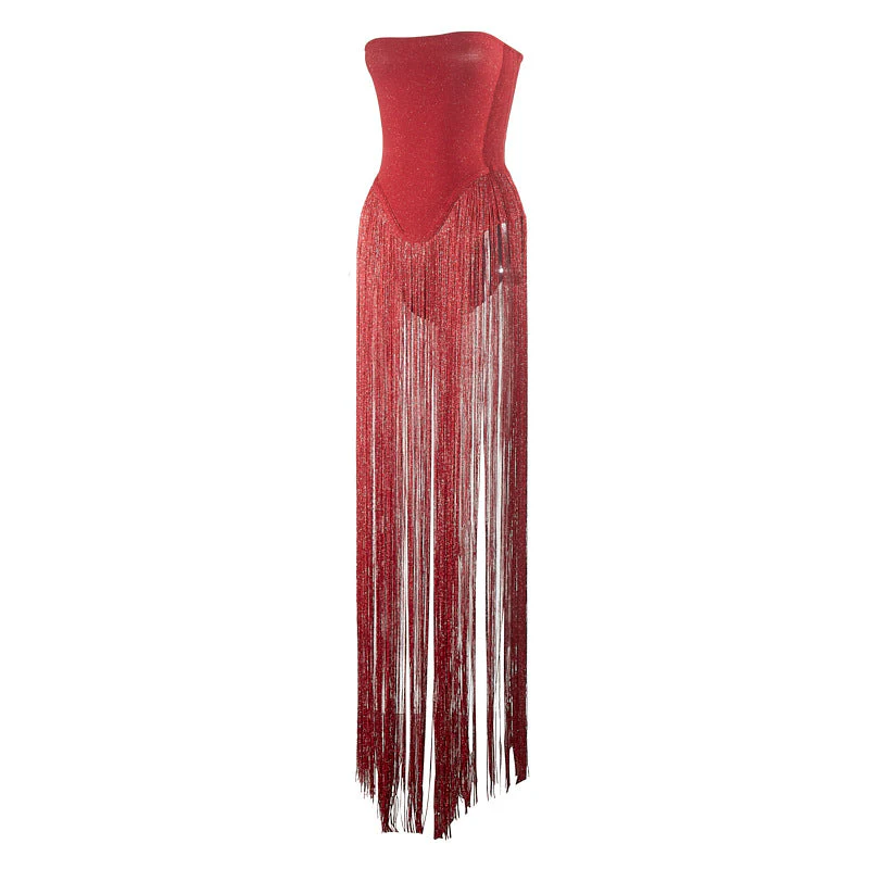Strapless Fringe Red Dress - Image 8