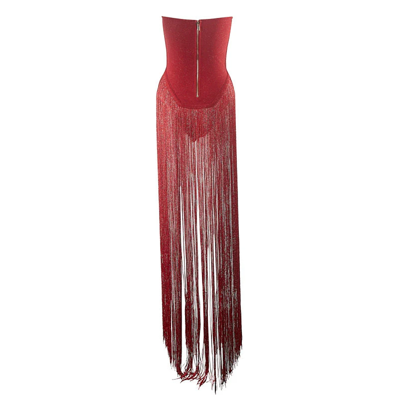 Strapless Fringe Red Dress - Image 9