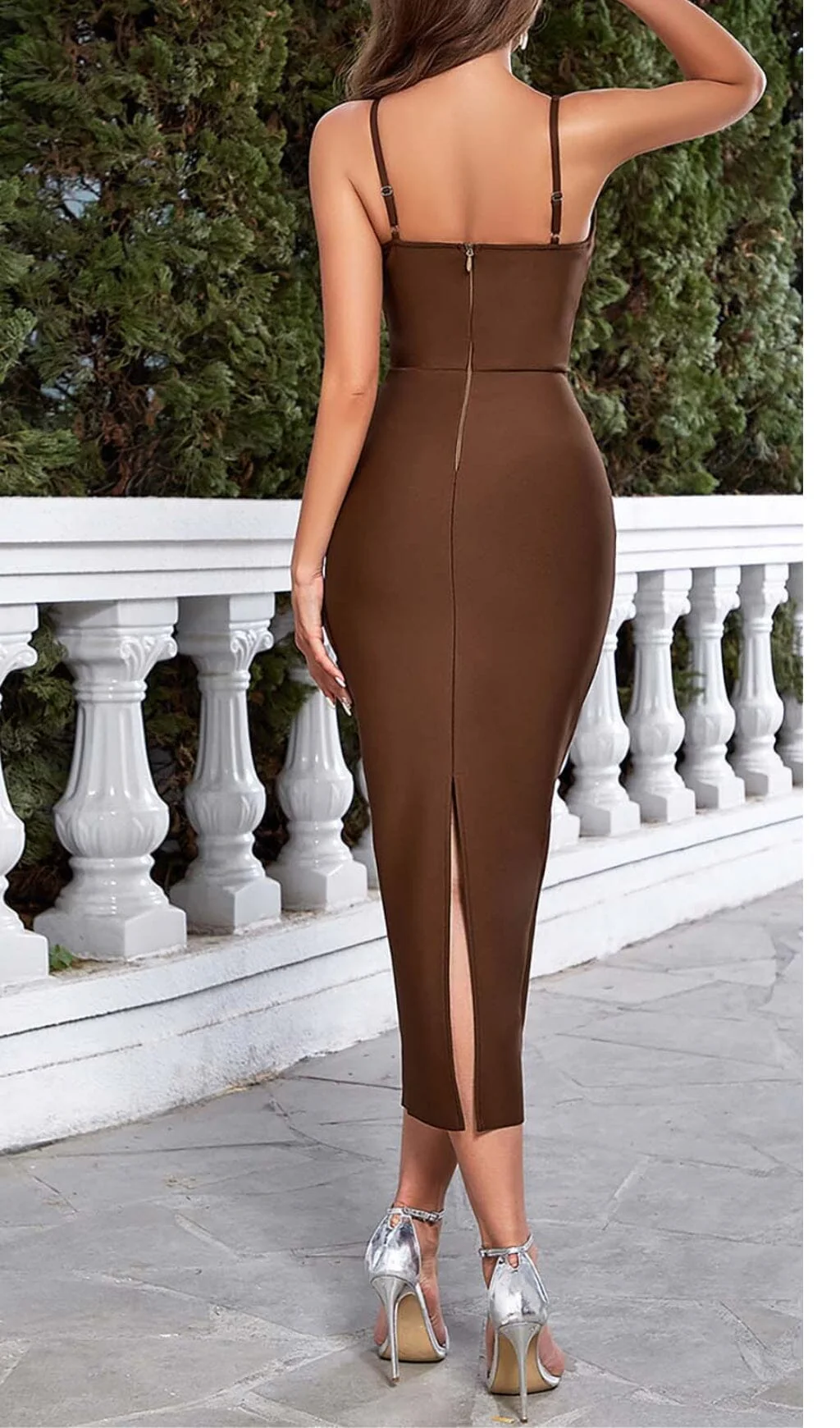 Waist-Tightening Corset Midi Dress in Brown - Image 6