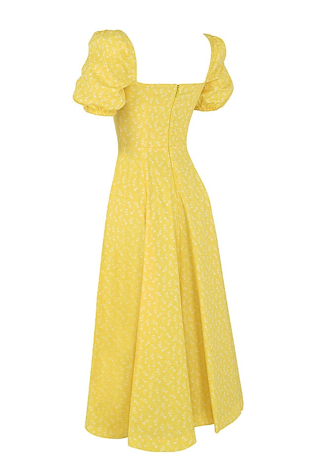 Vintage Floral Puff Sleeve Midi Dress in YelLow - Image 10