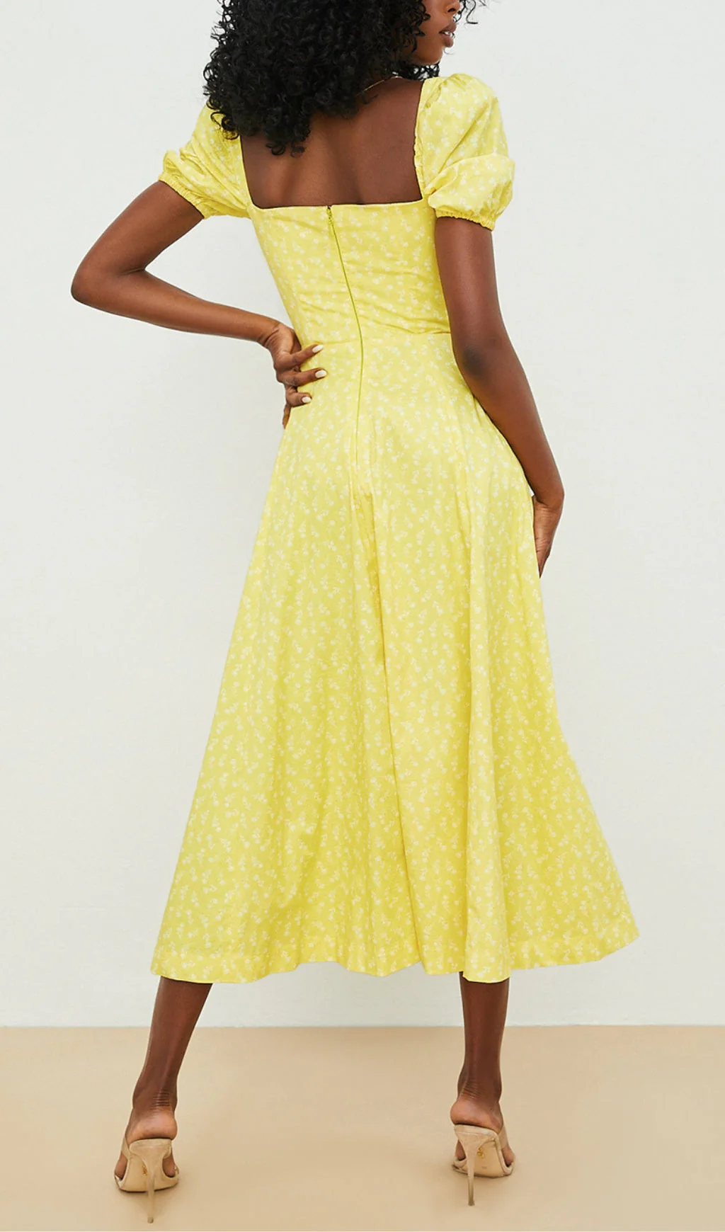 Vintage Floral Puff Sleeve Midi Dress in YelLow - Image 2