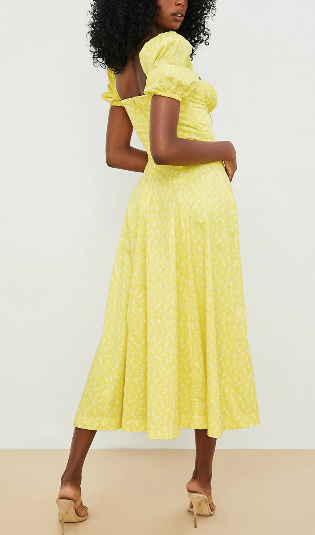 Vintage Floral Puff Sleeve Midi Dress in YelLow - Image 3