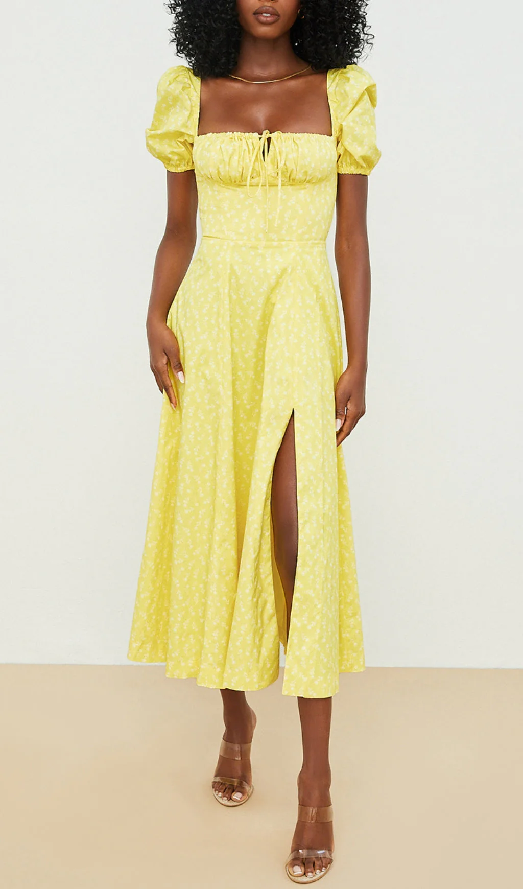 Vintage Floral Puff Sleeve Midi Dress in YelLow - Image 5