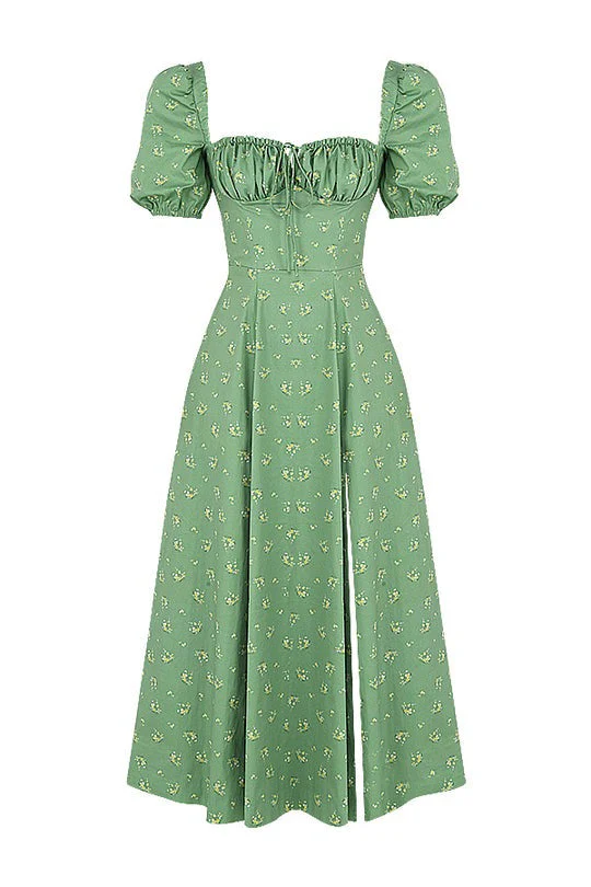 Vintage Floral Puff Sleeve Midi Dress in Green - Image 5