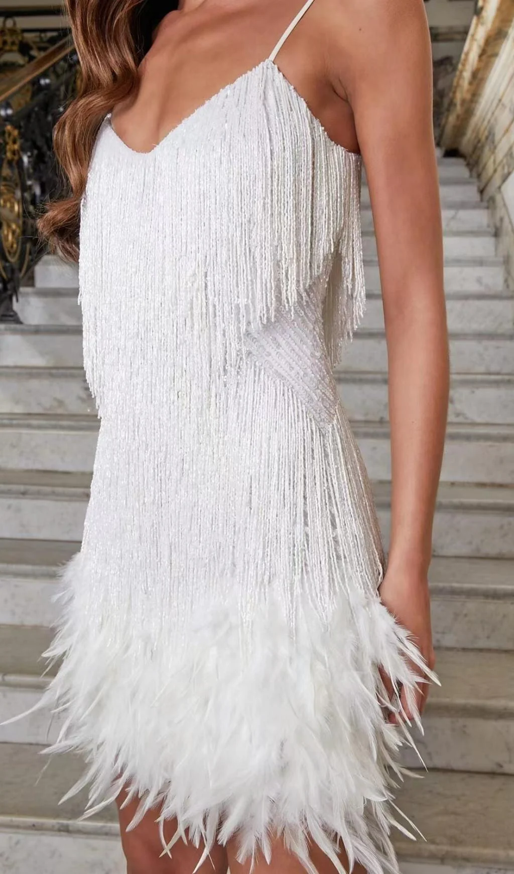Tassel Feather Mini Dress in White - Image 4