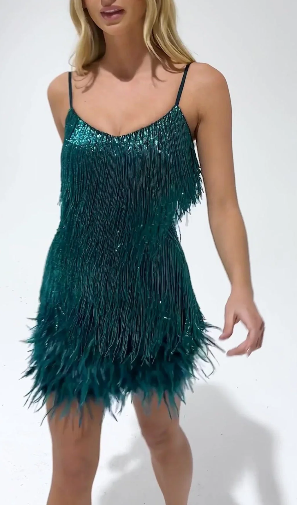 Tassel Feather Mini Dress in Dark Green - Image 7