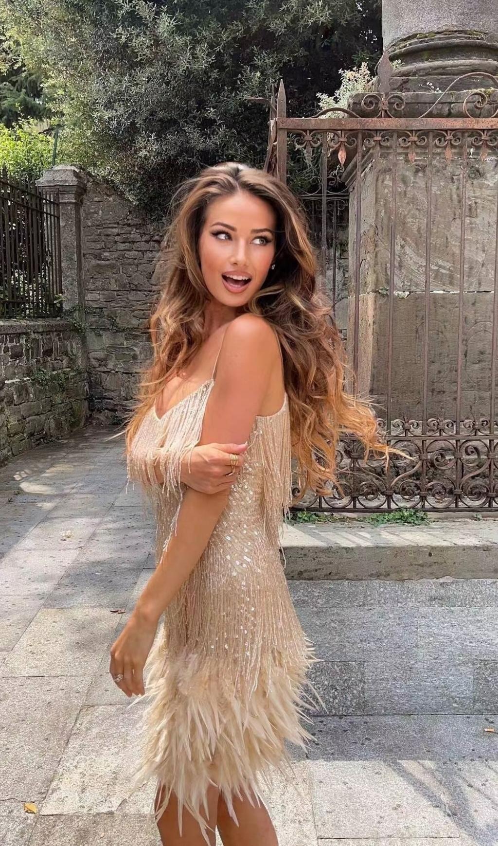 Tassel Feather Mini Dress in Beige - Image 13