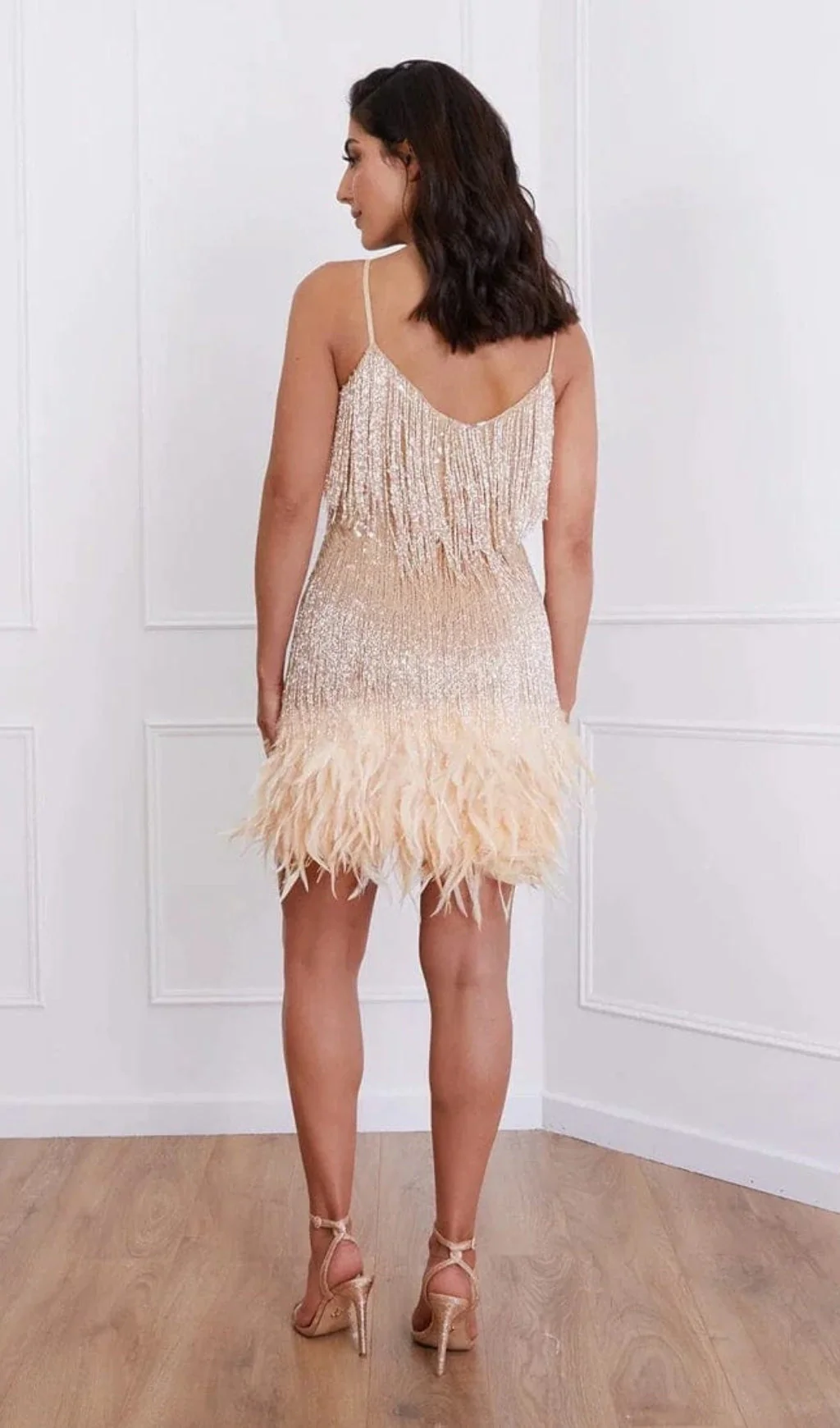 Tassel Feather Mini Dress in Beige - Image 4