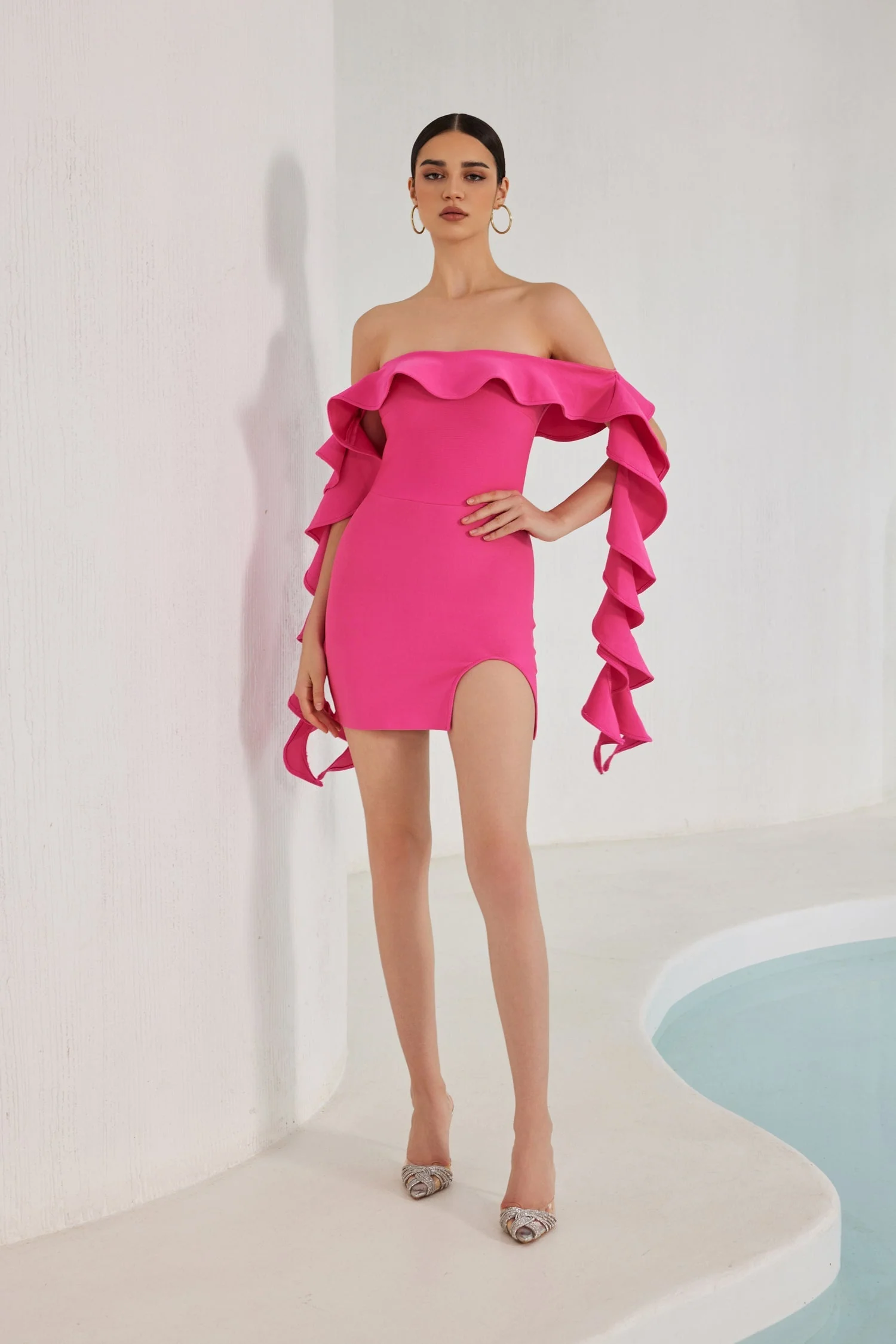 Nessa Off Shoulder Ruffle Mini Bandage Dress - Pink - Image 3