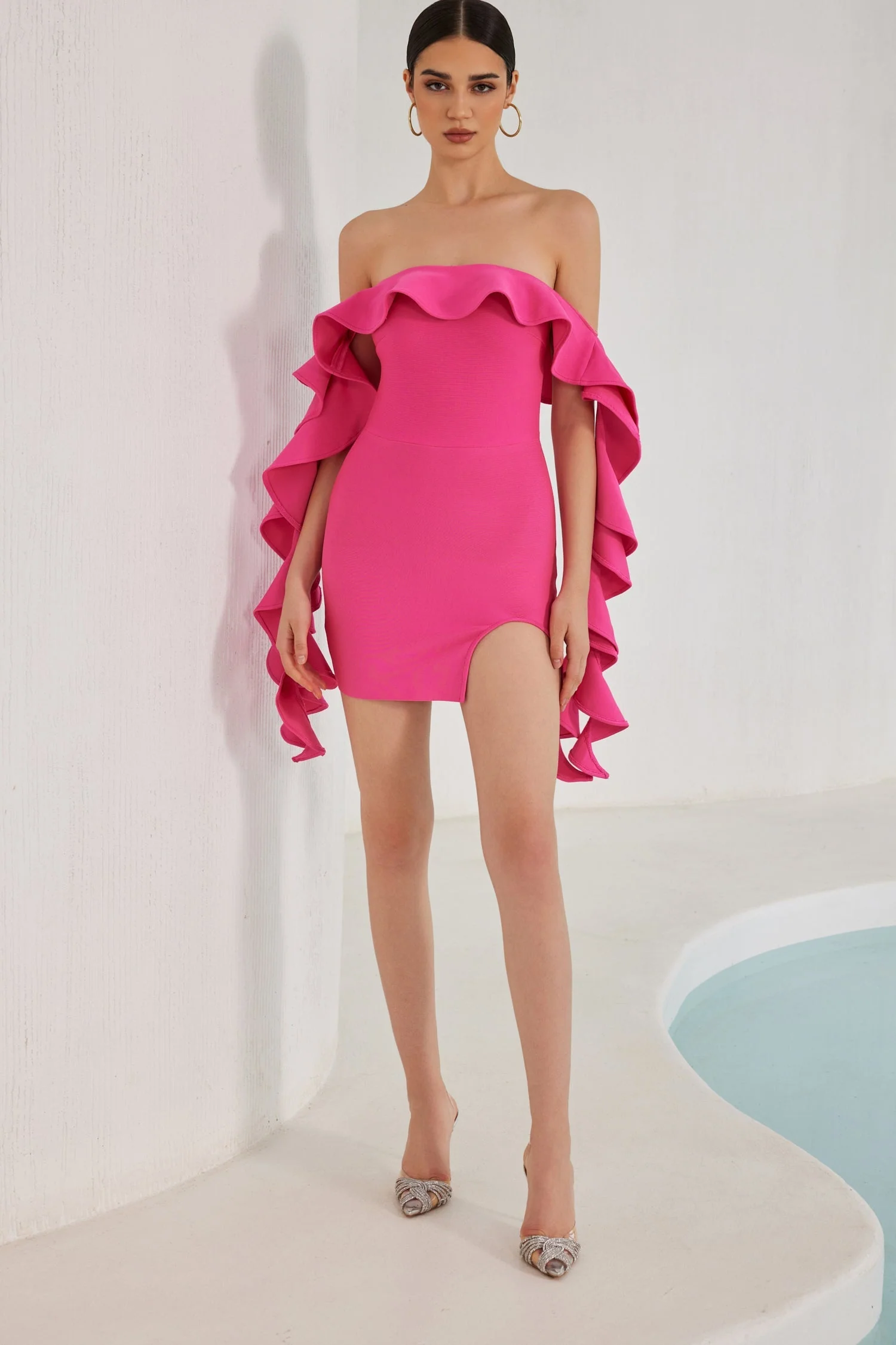 Nessa Off Shoulder Ruffle Mini Bandage Dress - Pink - Image 4