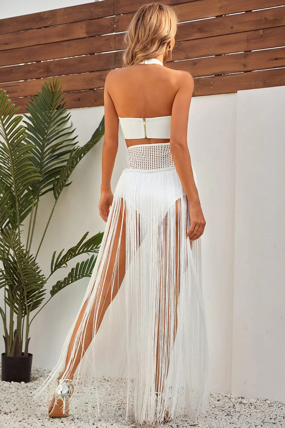 Kos Halter Fringe Bandage Dress - White - Image 4