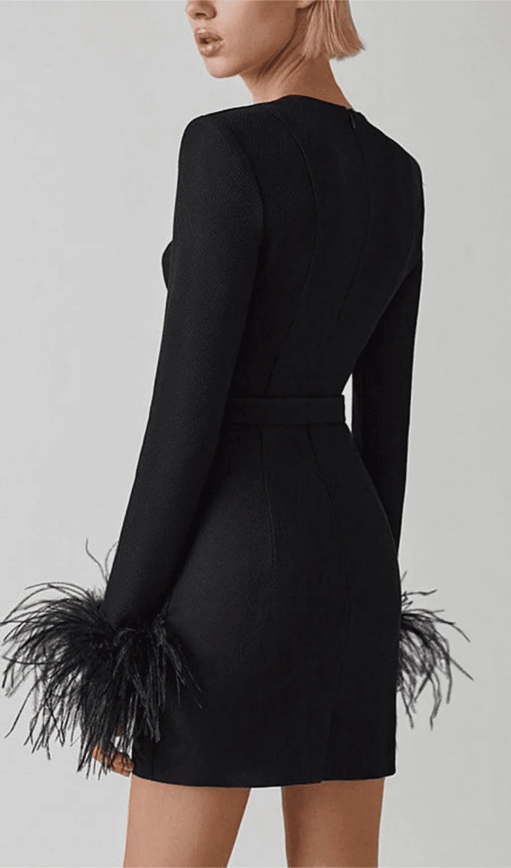 Stretch Long Sleeves Feather Mini Dress in Black - Image 3