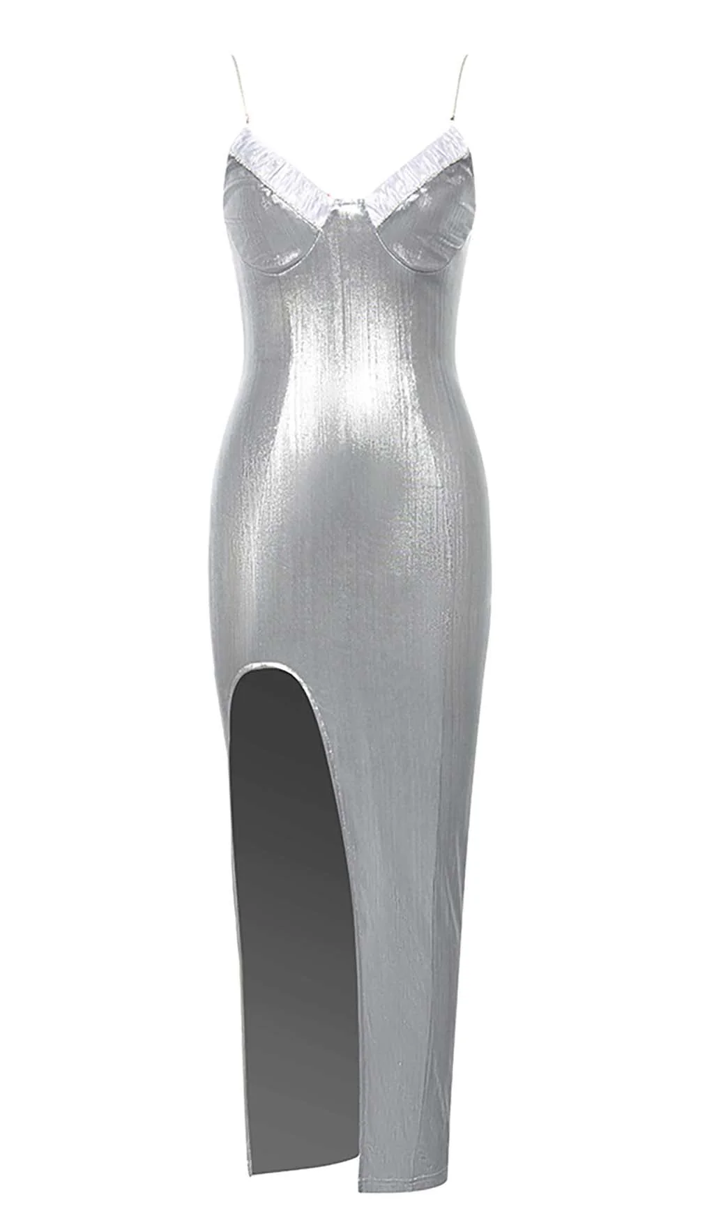 Strappy Spilt Midi Dress in Metallic Silver - Image 4