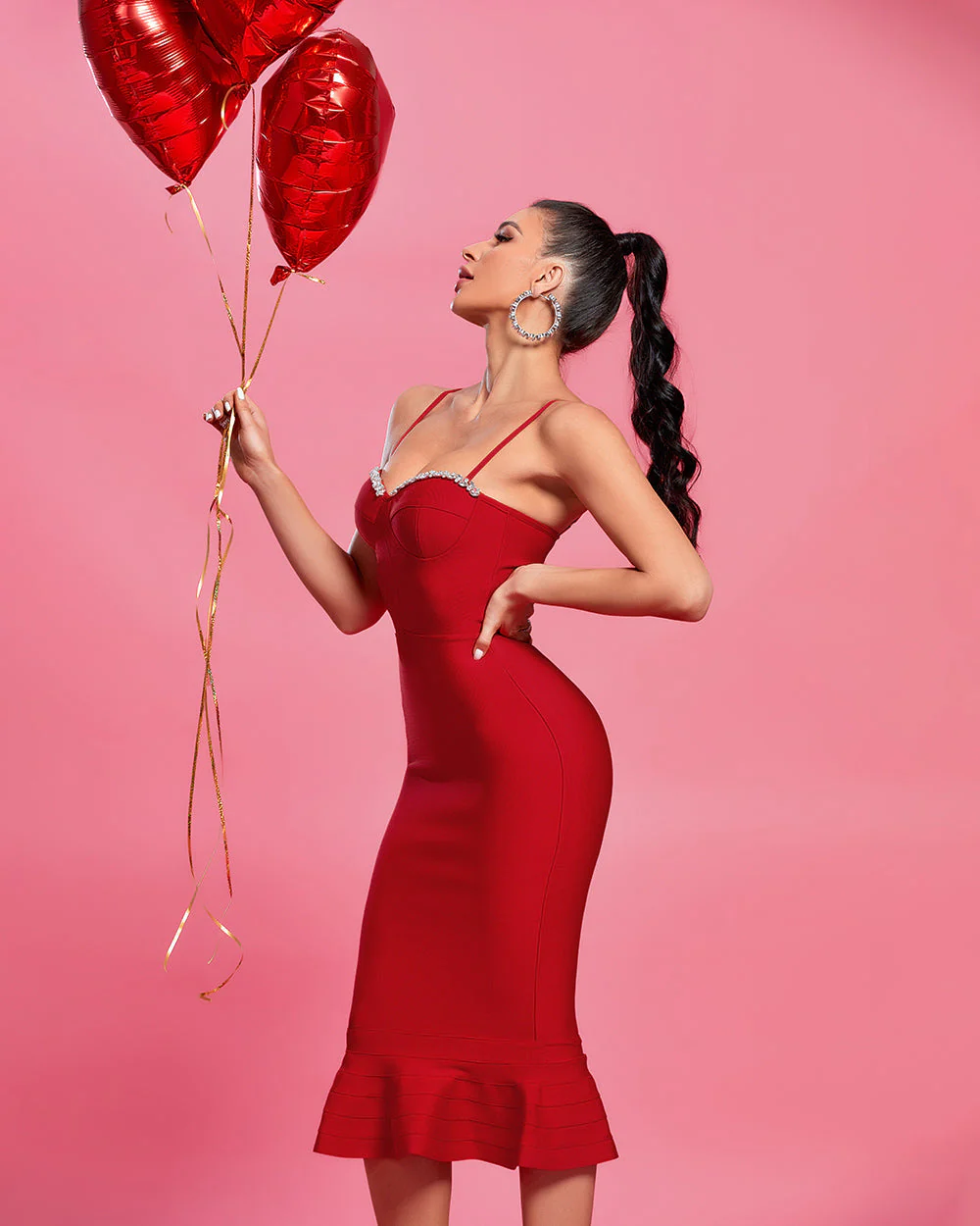 Strappy Crystal Midi FishTail Bandage Dress - Image 3