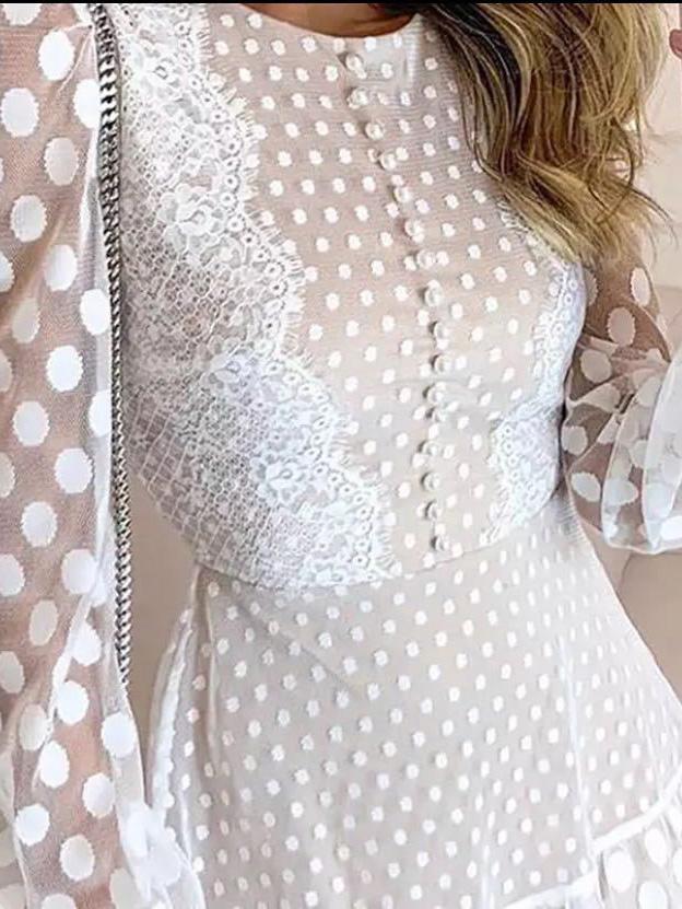 Polka Dot Stitching Lace Long Sleeve Dress - Image 3