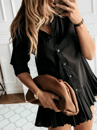 Pleated Slim Button Long Sleeve Shirt Dress - Image 5