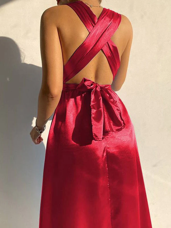Plain Belted V-Neck Bare Back Dress - Image 7