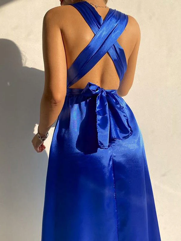Plain Belted V-Neck Bare Back Dress - Image 9