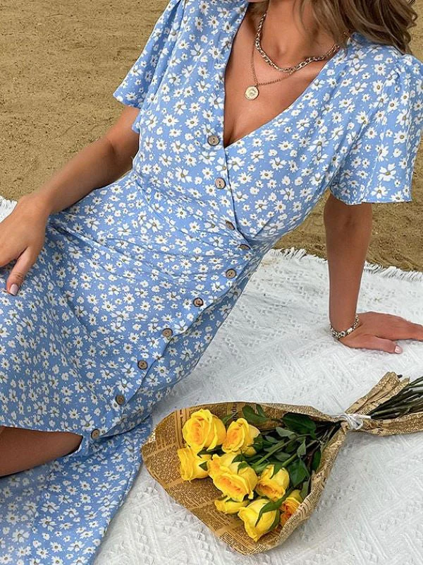 Blue Slim Holiday Print Dress - Image 2