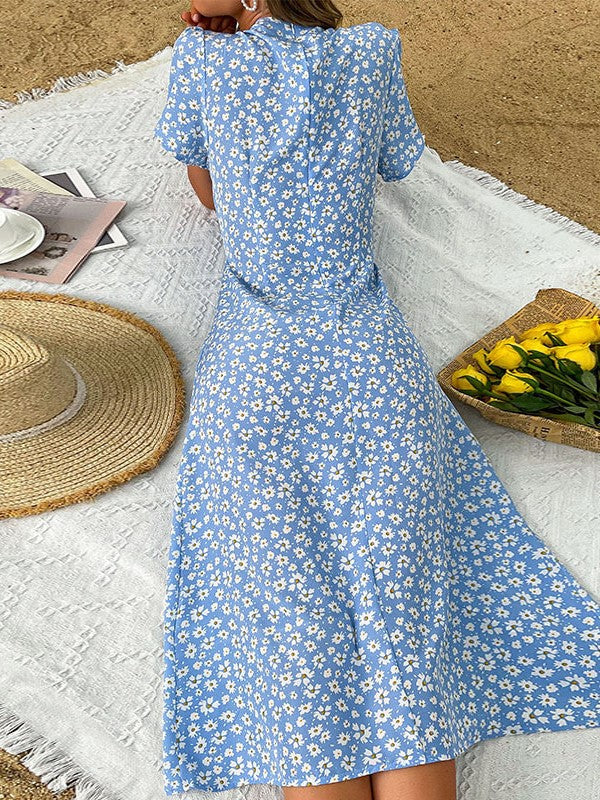 Blue Slim Holiday Print Dress - Image 4