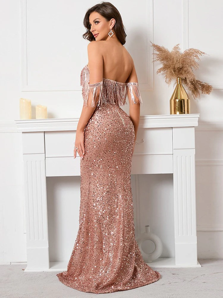 Sequined Strapless One-shoulder Evening Dress - Image 3