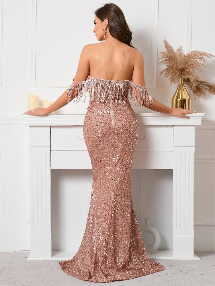 Sequined Strapless One-shoulder Evening Dress - Image 4