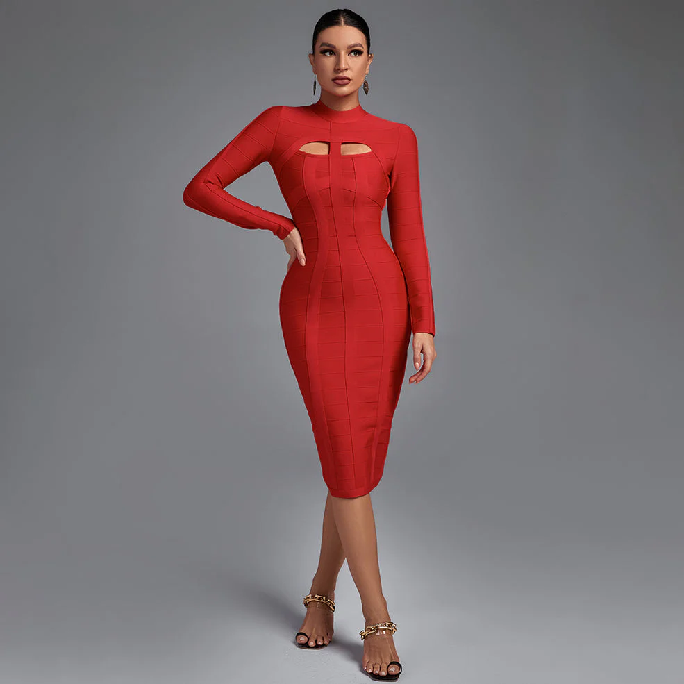 High Neck Long Sleeve Cut Out Over Knee Bandage Dress - Image 2