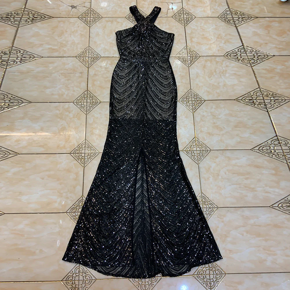 V Neck Sleeveless Maxi Sequined Bodycon Dress HT2746 - Image 2