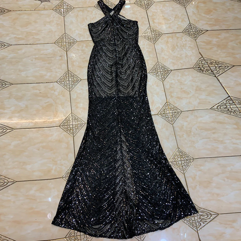 V Neck Sleeveless Maxi Sequined Bodycon Dress HT2746 - Image 3