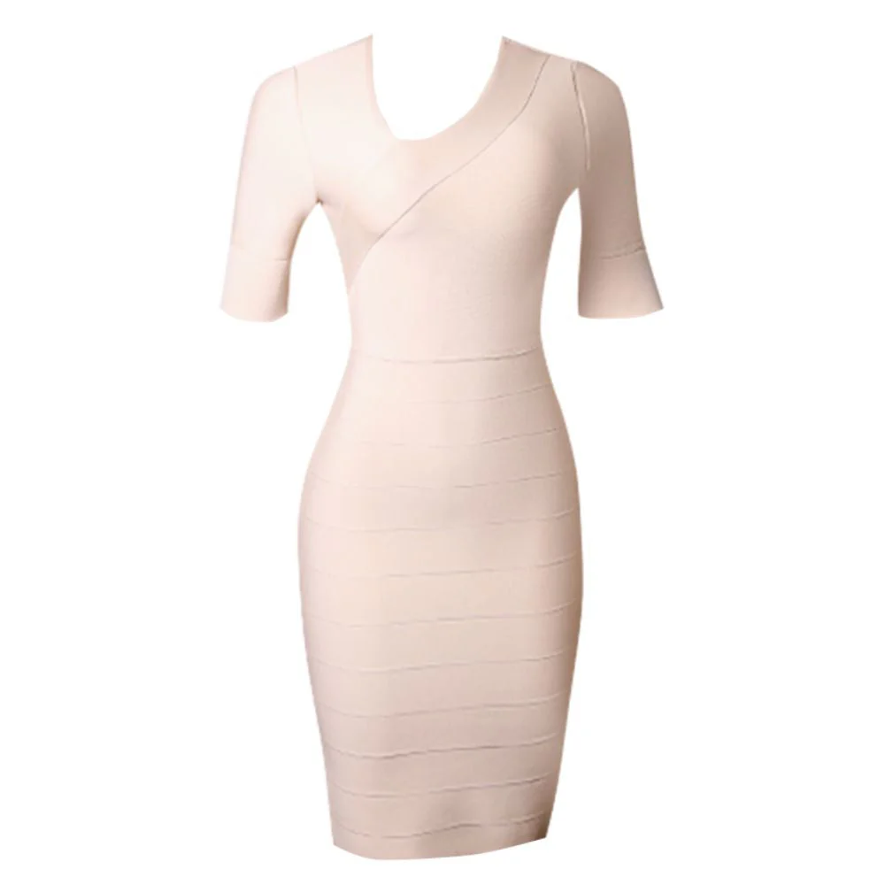 V Neck Short Sleeve Striped Midi Bandage Dress PZC1693 - Image 4