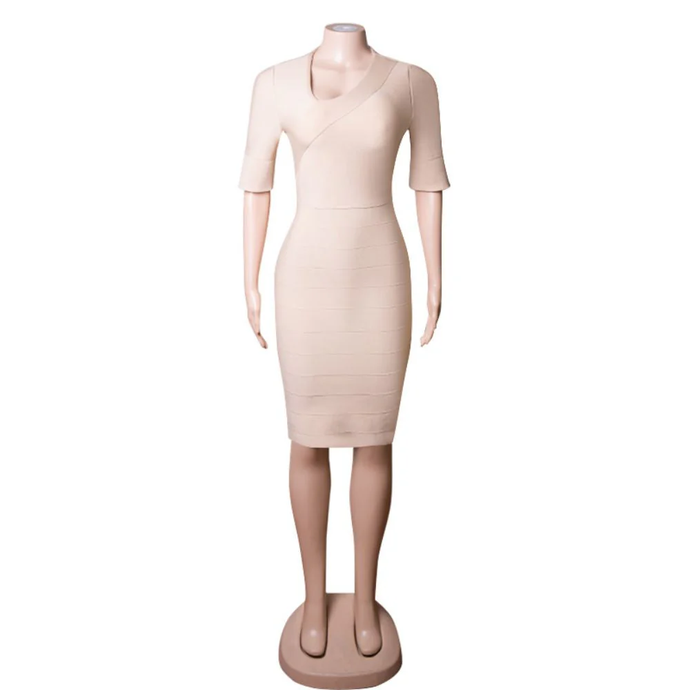 V Neck Short Sleeve Striped Midi Bandage Dress PZC1693 - Image 5