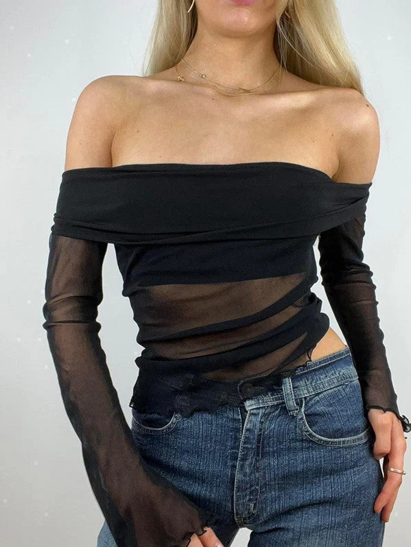 Pullover Off Shoulder Long Sleeve Mesh Sheer Casual Top