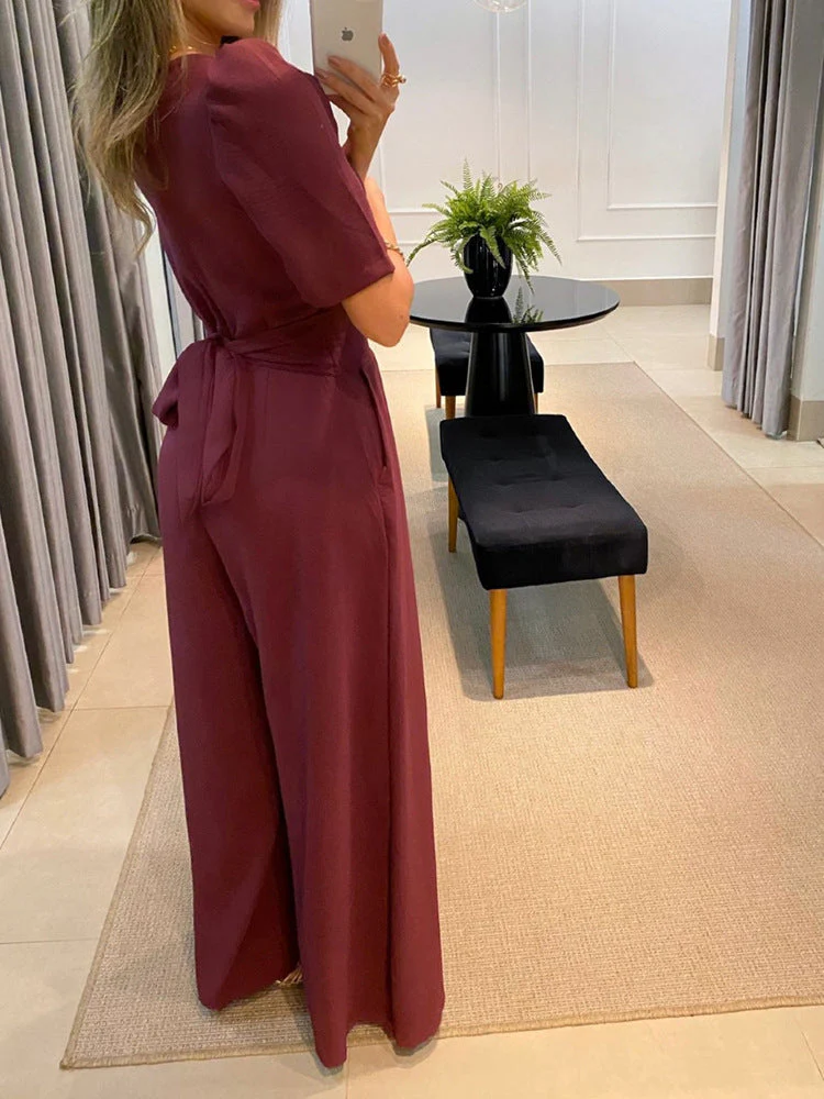 Elegant Casual V-neck Tie High-waisted Short-sleeved Wide-leg Jumpsuit - Image 3