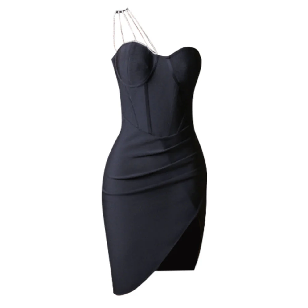 One Shoulder Sleeveless Drill Chain Midi Bandage Dress PZC1757 - Image 4
