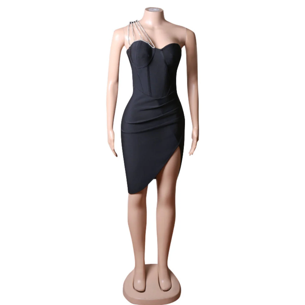 One Shoulder Sleeveless Drill Chain Midi Bandage Dress PZC1757 - Image 5