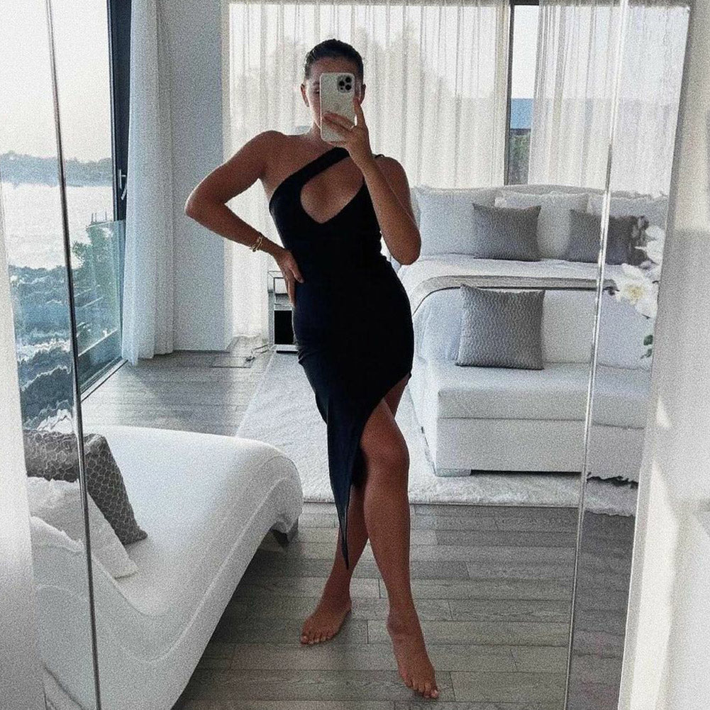 One Shoulder Sleeveless Asymmetrical Midi Bandage Dress - Image 4