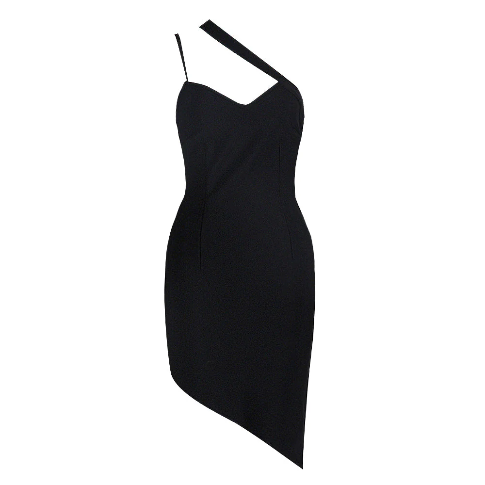 One Shoulder Sleeveless Asymmetrical Midi Bandage Dress - Image 7