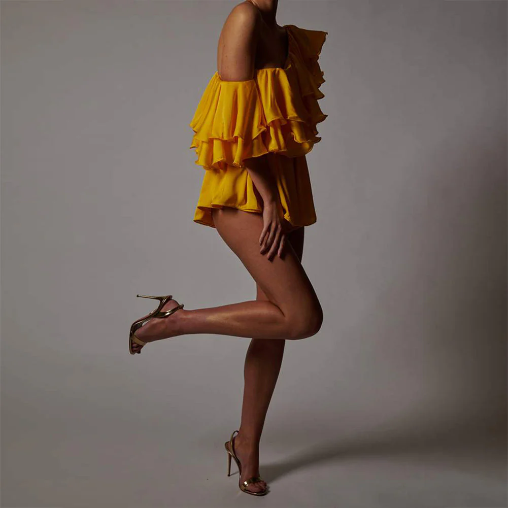 One Shoulder Short Sleeve Frill Bodycon Jumpsuit - Image 11
