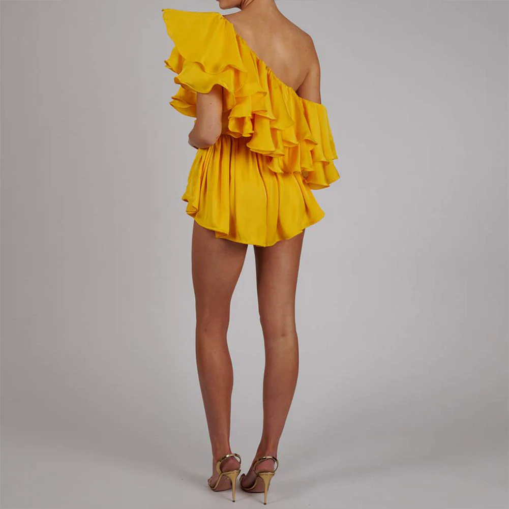 One Shoulder Short Sleeve Frill Bodycon Jumpsuit - Image 13