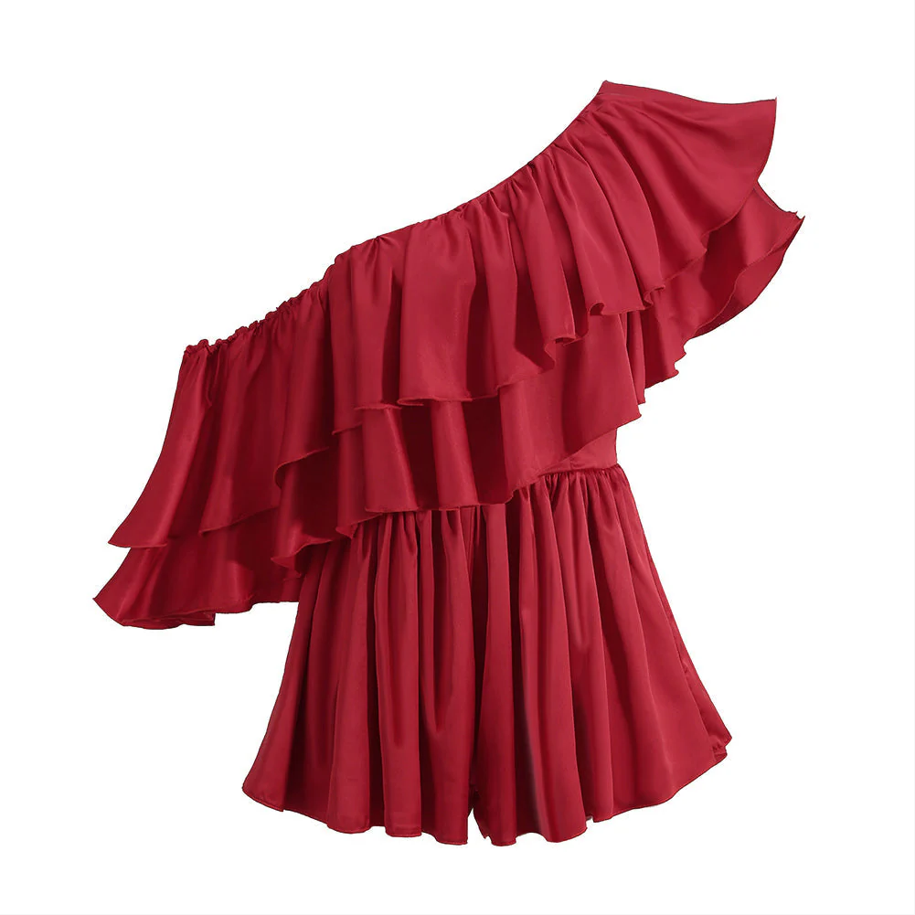 One Shoulder Short Sleeve Frill Bodycon Jumpsuit - Image 3
