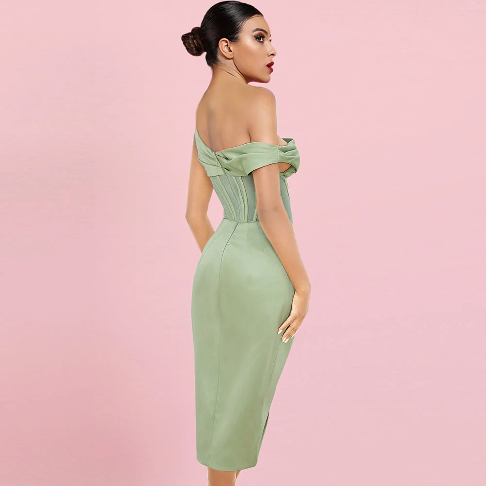 One Shoulder Short Sleeve Asymmetrical Midi Bodycon Dress HI1209 - Image 2