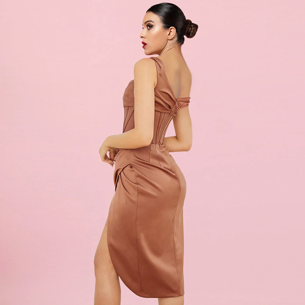 One Shoulder Short Sleeve Asymmetrical Midi Bodycon Dress HI1209 - Image 4