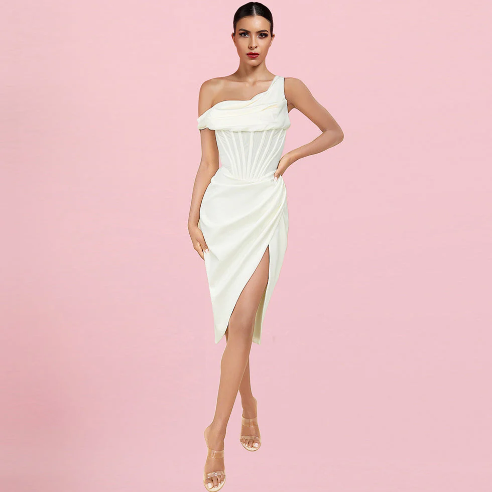 One Shoulder Short Sleeve Asymmetrical Midi Bodycon Dress HI1209 - Image 5