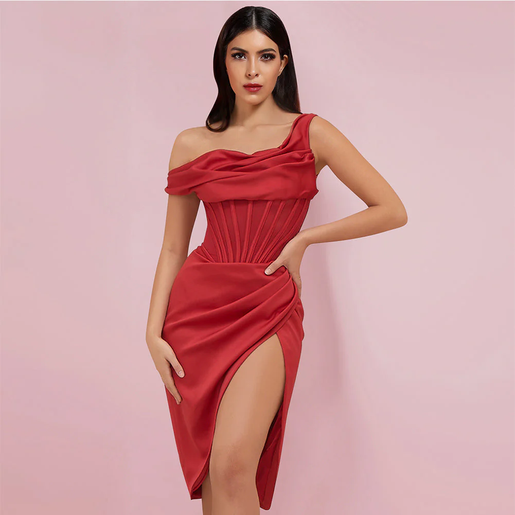 One Shoulder Short Sleeve Asymmetrical Midi Bodycon Dress HI1209 - Image 7