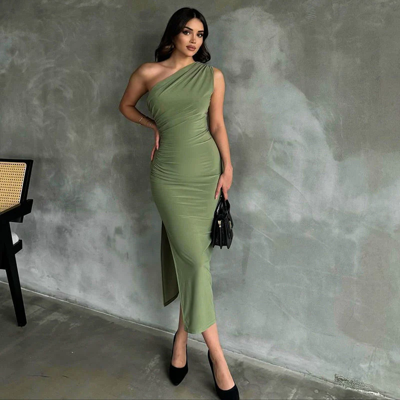 One Shoulder Short Sleeve Asymmetrical Midi Bodycon Dress HB75620 - Image 11