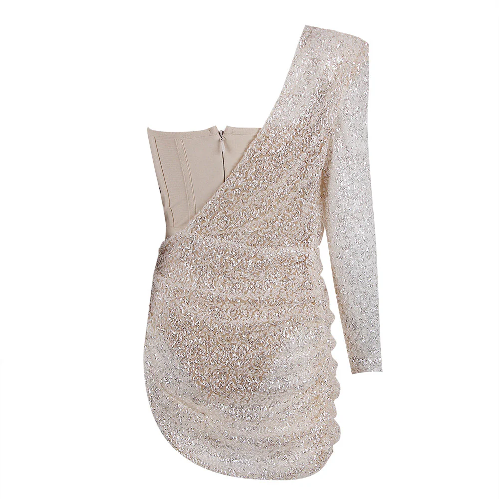 One Shoulder Long Sleeve Sequined Mini Bodycon Dress - Image 6