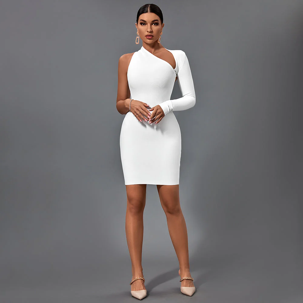 Halter One Sleeve Asymmetrical Mini Bandage Dress - Image 2