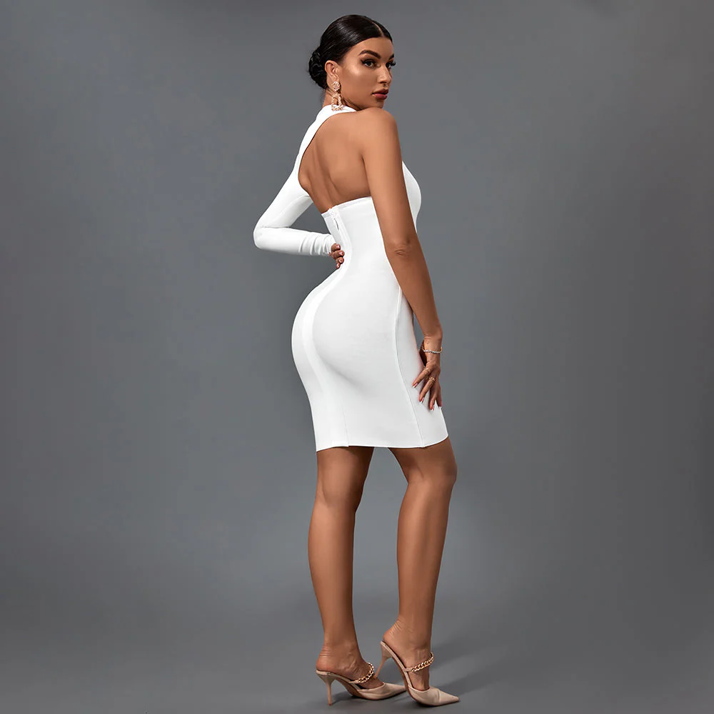 Halter One Sleeve Asymmetrical Mini Bandage Dress - Image 4