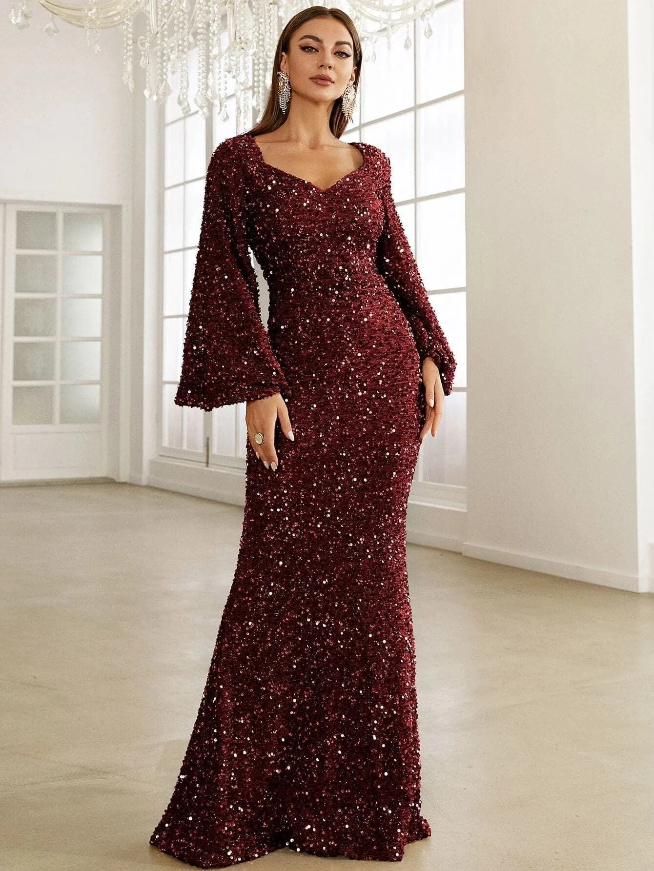 Sequined Long Sleeve Deep V Neck Elegant Slim Fit Evening Dress - Image 11